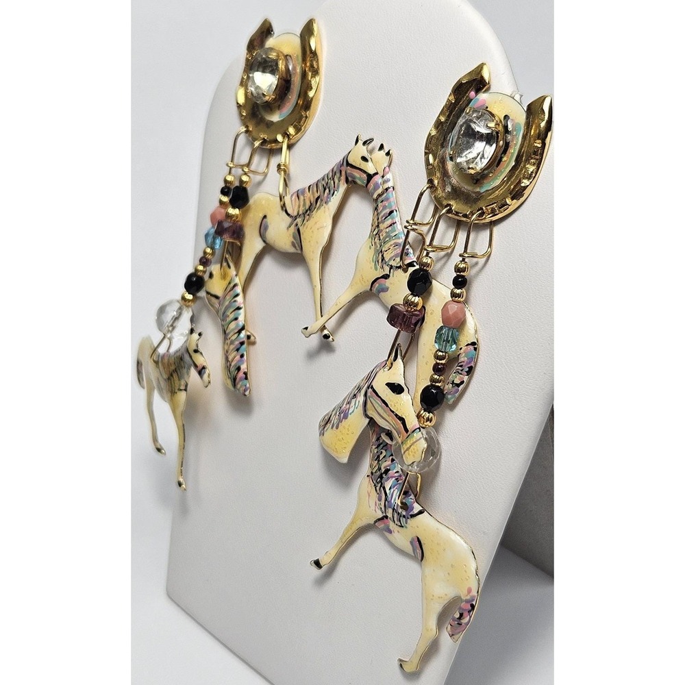 Vtg 1989 Lunch at the Ritz "Thoroughbred" Horse Earrings Multi-Tiered Dangle - Picture 3 of 16